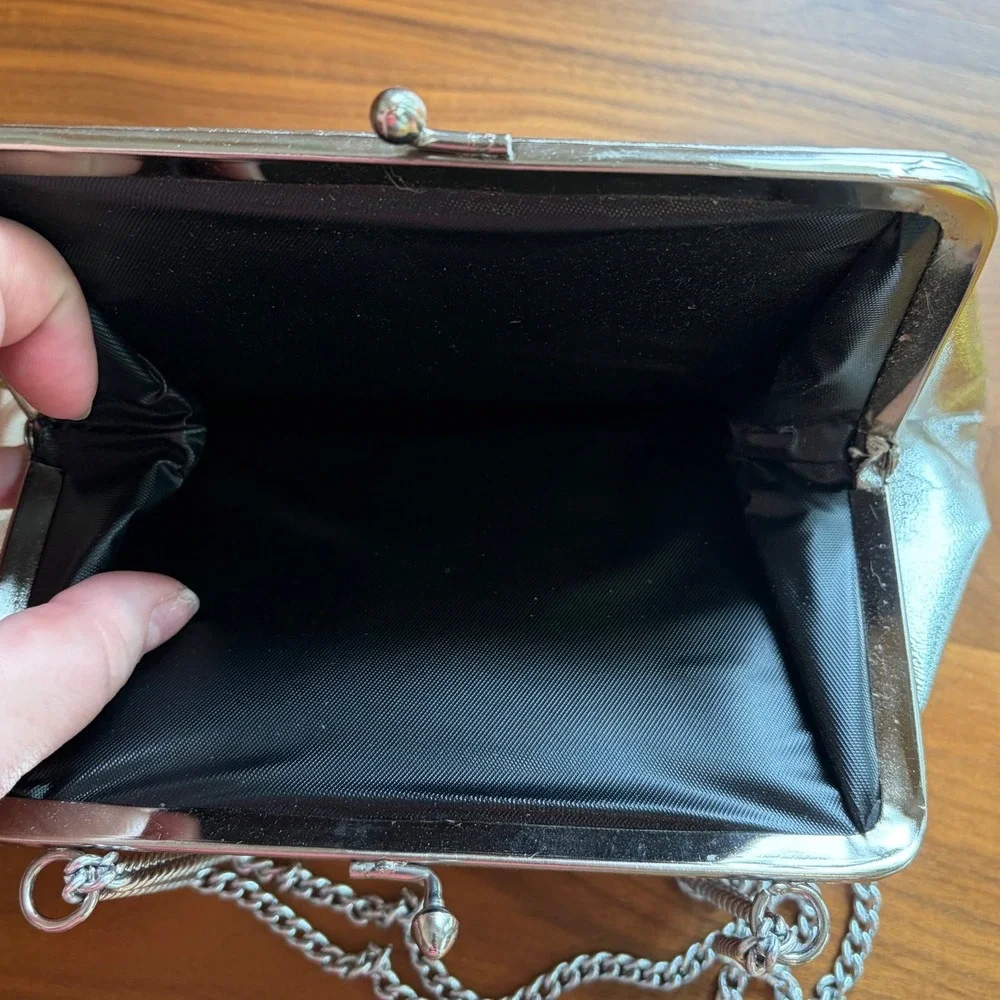 Clutch Bag Womens Small Silver Holographic Metallic Frame Evening Prom